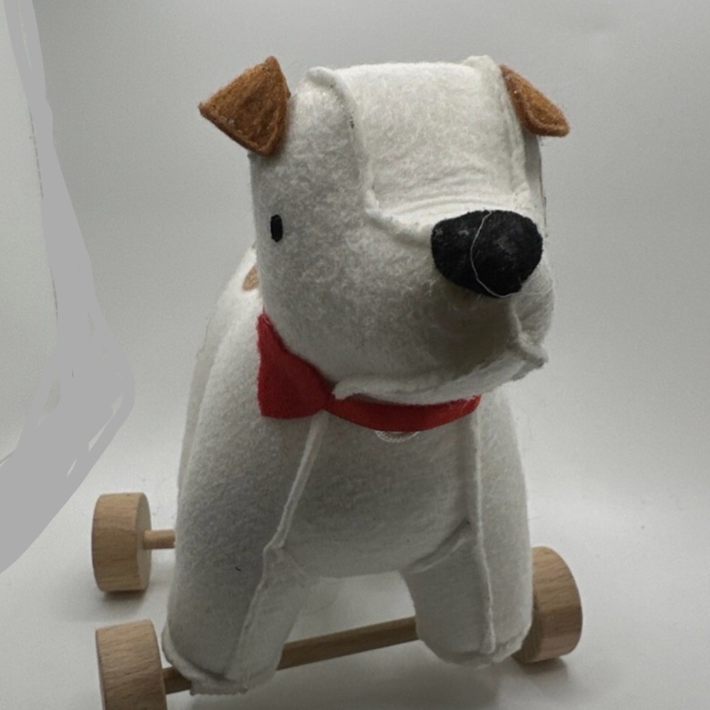 Adorable White and Brown Dog Pull Toy natural wood wheels felt body.